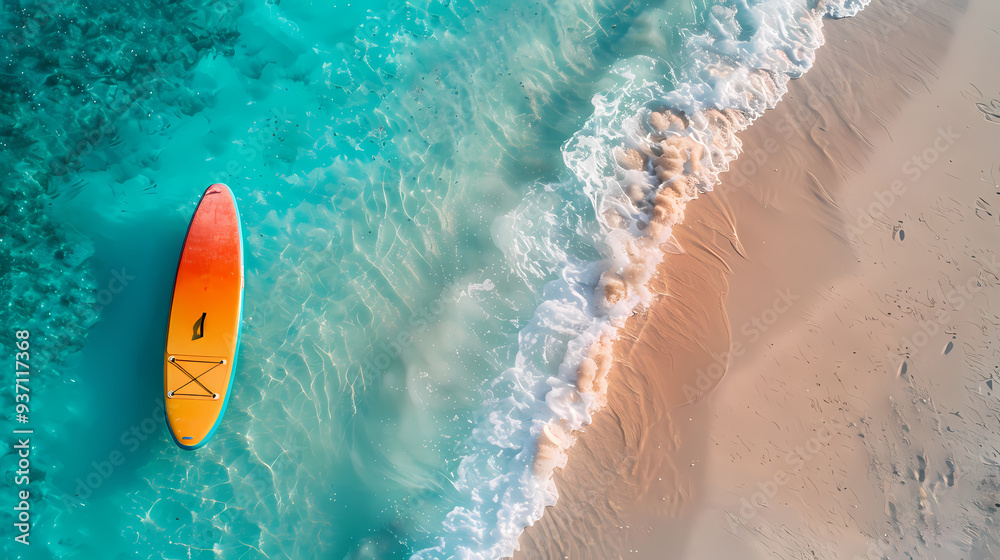 Fototapeta premium An orange and blue paddleboard on the beach, a bird's eye view, high definition photography, clean white sand, clear turquoise sea water, waves lapping at shore edge, and a sense of calmness.