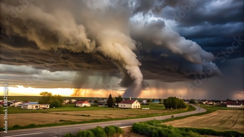 A Funnel Cloud Approaching a Rural Landscape with Houses and a Road photo