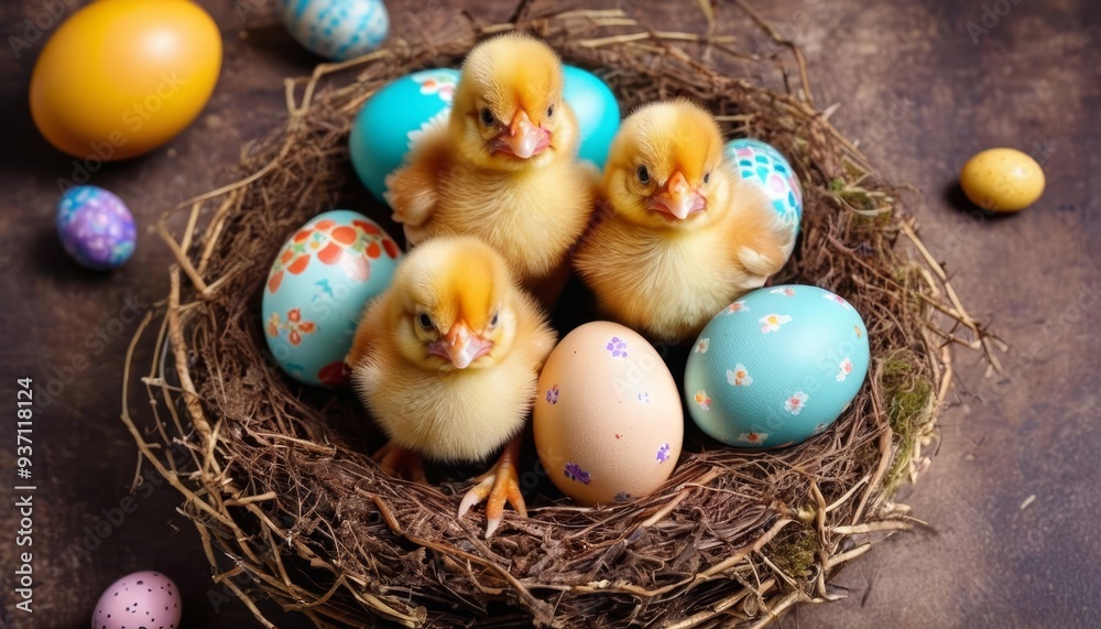 Cute chicks and colorful eggs in a nest symbolizing new life and springtime Cute chicks and colorful eggs in a nest symbolizing new life and springtime