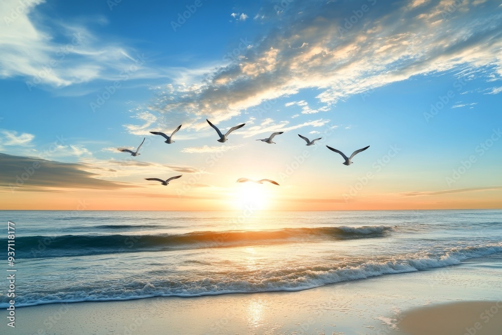 Flock of Seagulls Flying Across a Sunset Ocean with Copy Space Flock of Seagulls Flying Across a Sunset Ocean with Copy Space
