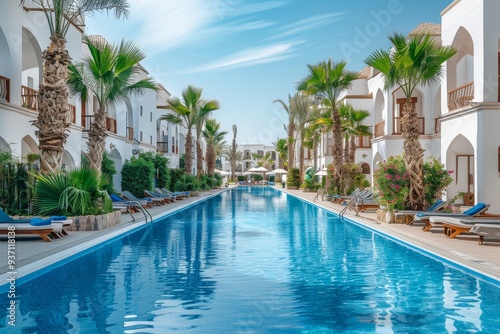 Beautiful Pool Area in Sharm El Sheikh, Egypt with Sunbeds and Loungers, White Buildings, Lush Greenery, Palm Trees, Blue Sky, Daytime.