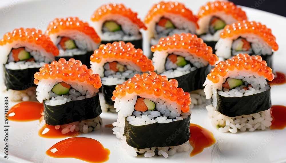 Delicious sushi rolls with orange toppings on a white plate Delicious sushi rolls with orange toppings on a white plate