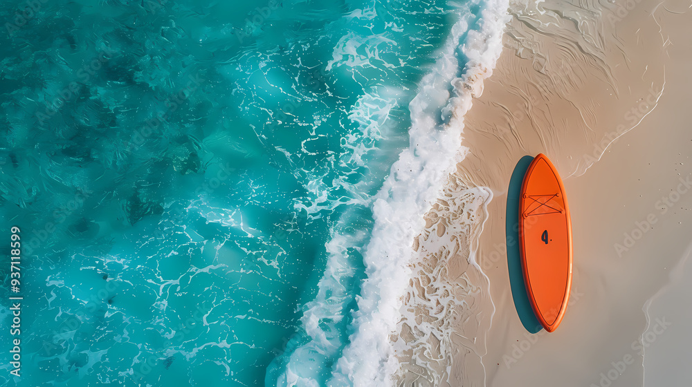Fototapeta premium An orange and blue paddleboard on the beach, a bird's eye view, high definition photography, clean white sand, clear turquoise sea water, waves lapping at shore edge, and a sense of calmness.