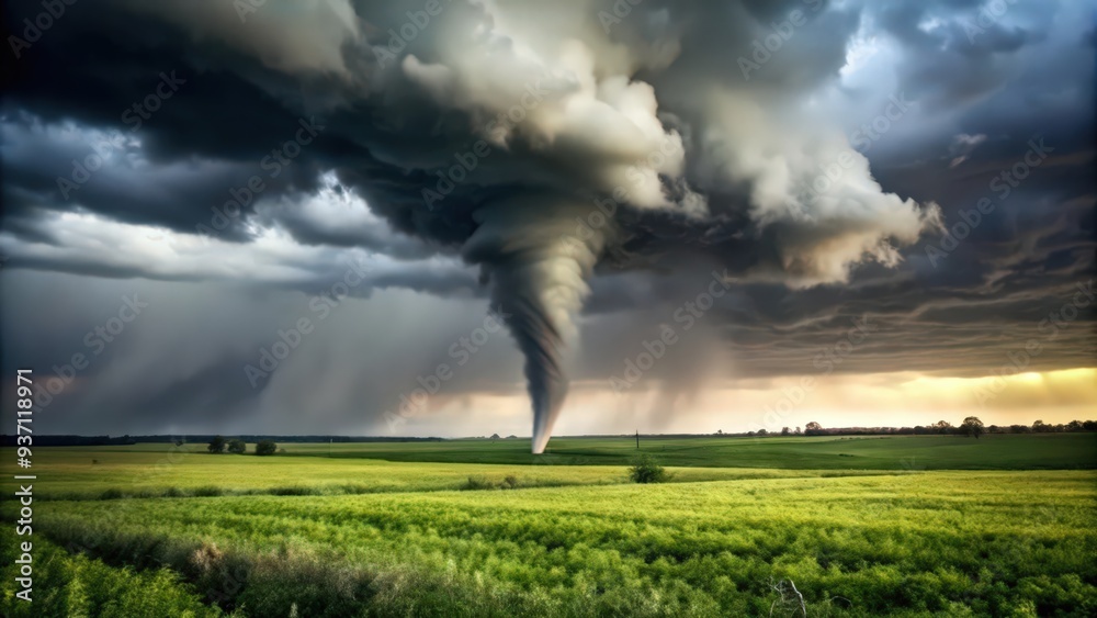 Fototapeta premium A Powerful Tornado Forms Over a Field of Green Crops