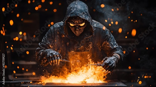 A sinister blacksmith crafting cursed Halloween masks, dark fantasy style, glowing forge with twisted tools, isolated on white background photo