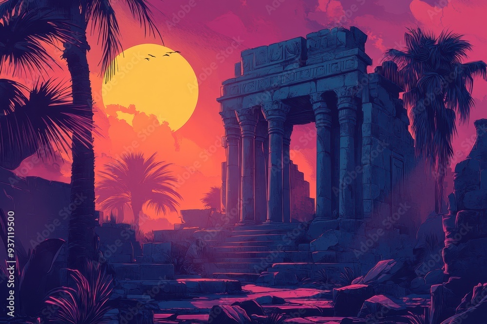 Fototapeta premium Ancient Ruins and Palm Trees at Sunset