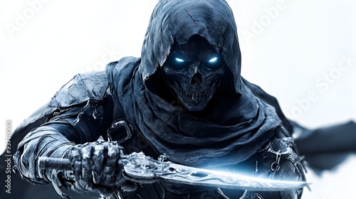 A skeletal assassin lurking in shadows, holding a glowing dagger, intricate Halloween mask design, surreal horror art style, isolated on white background photo