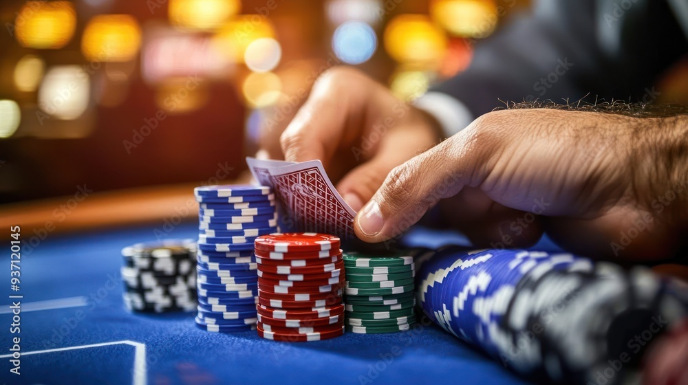 A Hand Holding a Card Over a Stack of Poker Chips A Hand Holding a Card Over a Stack of Poker Chips