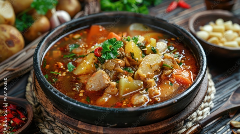 Steaming Bowl of Spicy Chicken and Vegetable Soup Steaming Bowl of Spicy Chicken and Vegetable Soup