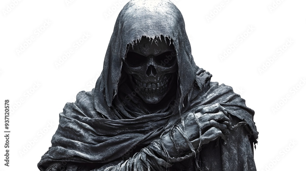 A skeletal executioner in a cloak with a spooky Halloween mask, eerie atmosphere, 3D illustration, isolated on white background A skeletal executioner in a cloak with a spooky Halloween mask, eerie atmosphere, 3D illustration, isolated on white background