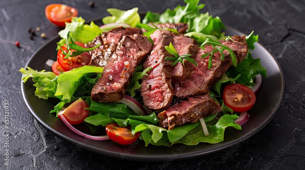 a plate of steak salad with lettuce and tomatoes, AI generated a plate of steak salad with lettuce and tomatoes, AI generated