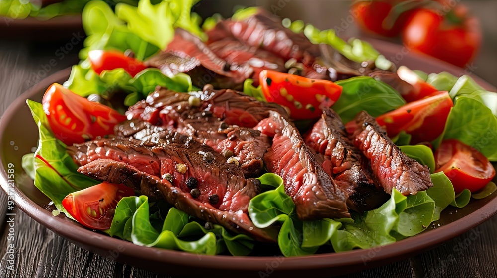 a plate of steak salad with lettuce and tomatoes, AI generated a plate of steak salad with lettuce and tomatoes, AI generated