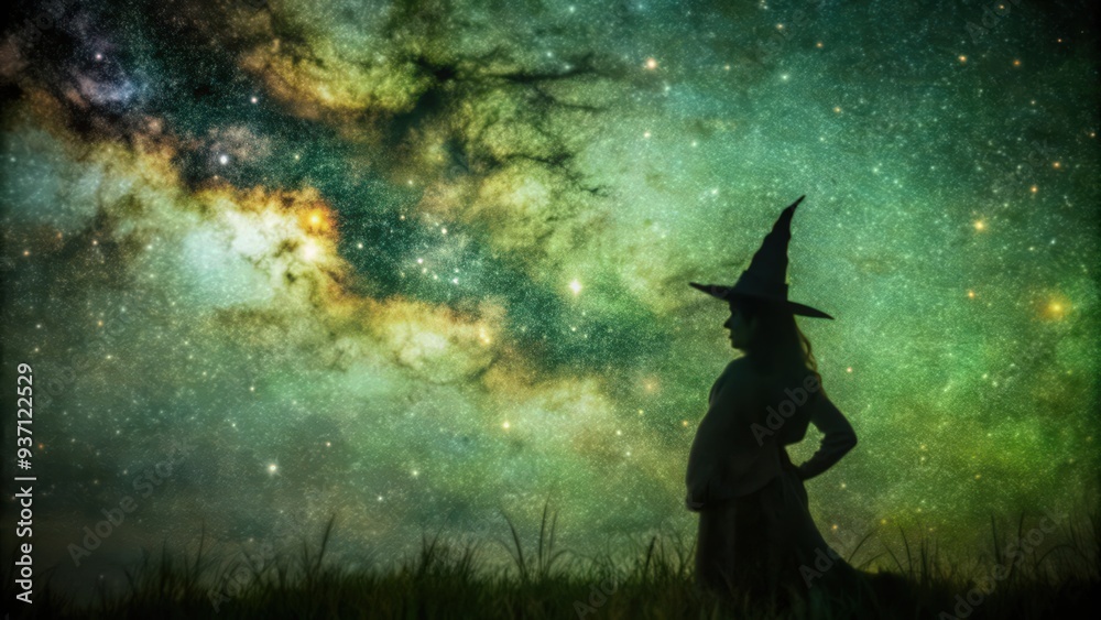 Fototapeta premium Silhouette of a Witch Against a Starry Night Sky