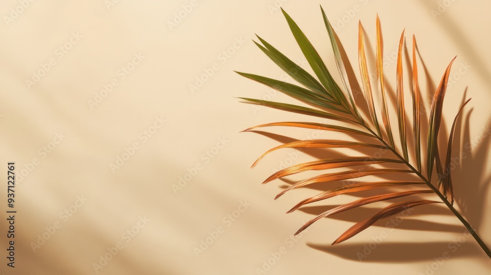 Palm Leaf on a Beige Background with Light and Shadows Palm Leaf on a Beige Background with Light and Shadows