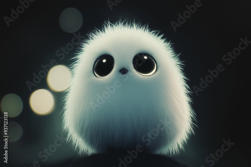 A fluffy white chick with large black eyes in a dark setting, illuminated by soft, glowing light. The image evokes feelings of innocence and wonder.