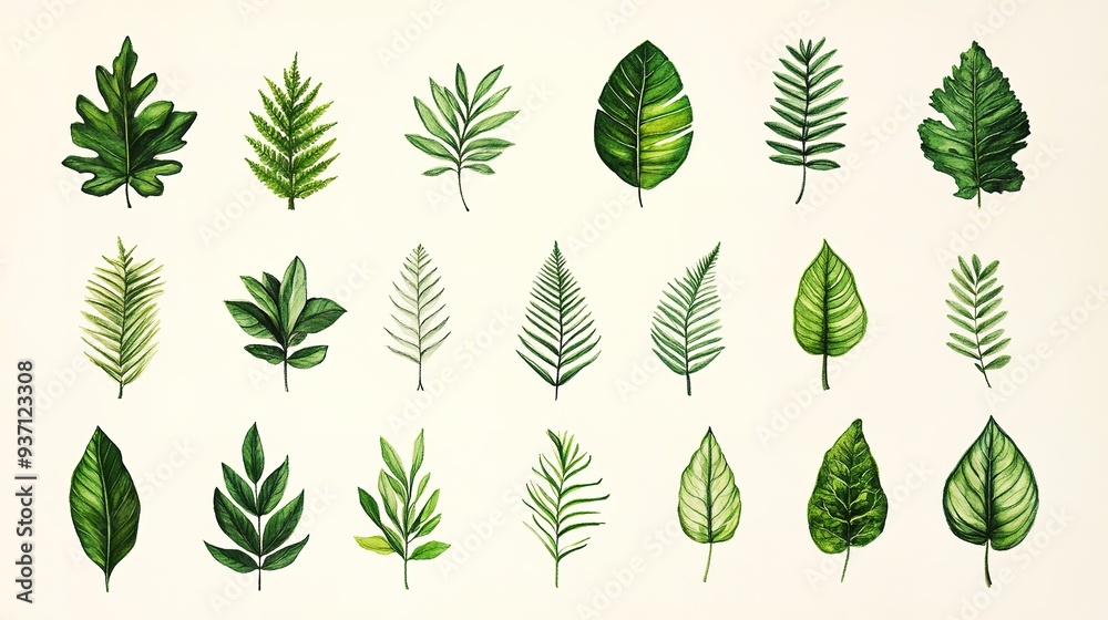 This image showcases a variety of hand-drawn green leaf botanical illustrations, neatly ordered in rows This image showcases a variety of hand-drawn green leaf botanical illustrations, neatly ordered in rows