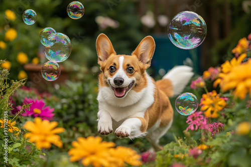 Fototapeta Naklejka Na Ścianę i Meble -  A happy Corgi dog jumping through a garden filled with colorful flowers and bubbles, symbolizing joy, playfulness, and the beauty of life.