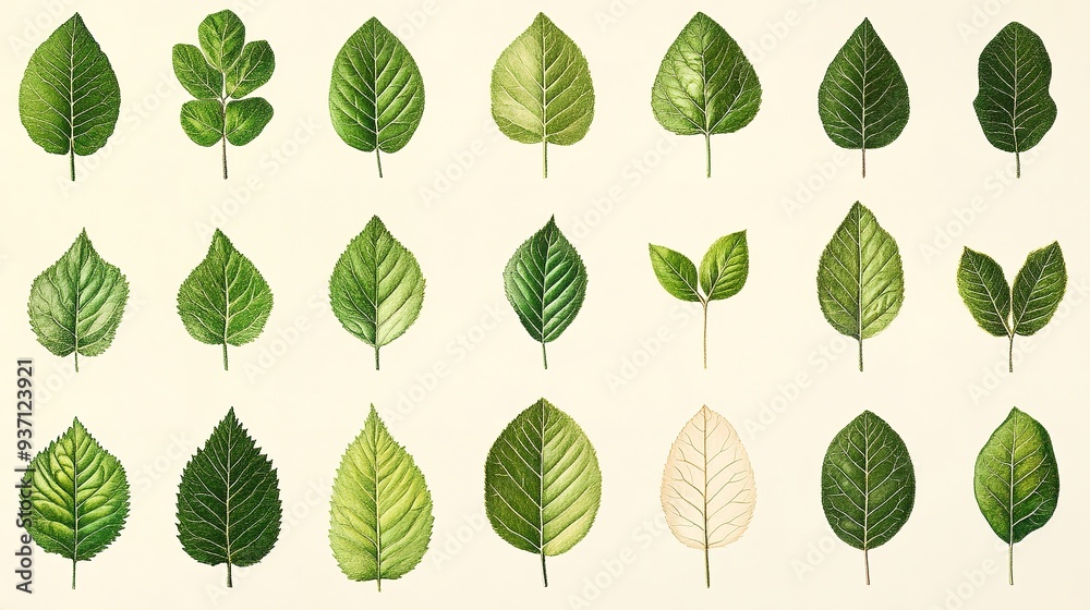 This image showcases a variety of hand-drawn green leaf botanical illustrations, neatly ordered in rows This image showcases a variety of hand-drawn green leaf botanical illustrations, neatly ordered in rows