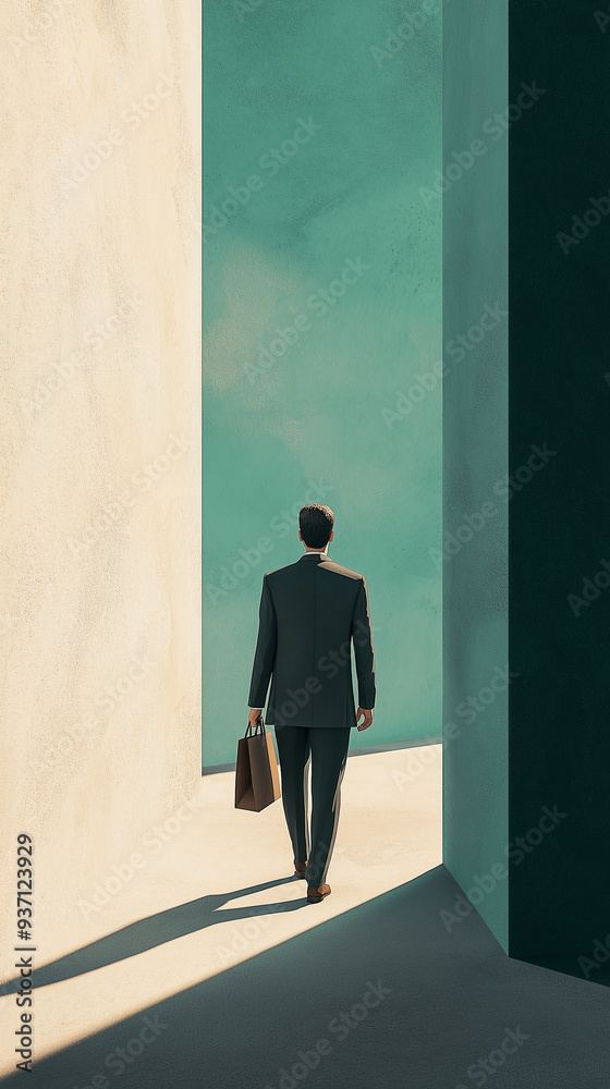 Fototapeta premium A man in a suit walking down a narrow corridor with tall walls, casting a long shadow. The minimalist background emphasizes the concept of solitude and determination.