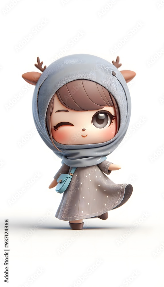 Fototapeta premium Cute D Cartoon Girl with Deer Antlers Winking Polka Dot Dress and Blue Bag