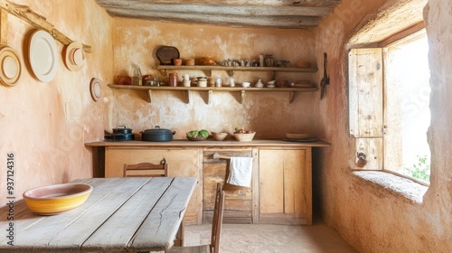 A rustic kitchen with wooden cabinets, a table and a window.