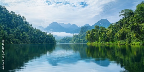 A tranquil body of water enclosed by verdant trees, with a distant mountain range and low-hanging clouds in the sky