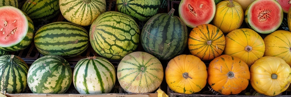 A selection of different melons and watermelon displayed at a market stand A selection of different melons and watermelon displayed at a market stand