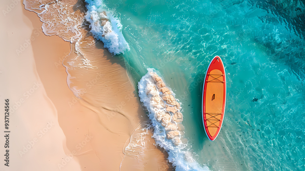 Fototapeta premium An orange and blue paddleboard on the beach, a bird's eye view, high definition photography, clean white sand, clear turquoise sea water, waves lapping at shore edge, and a sense of calmness.