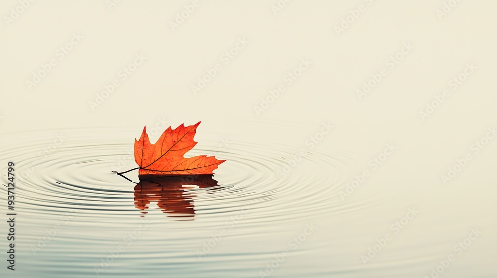 Fototapeta premium A minimalist illustration of a single leaf floating on a pond, with ripples expanding