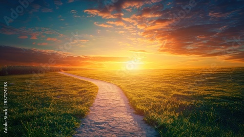 a path leading to a sunrise, illustrating the concept of a fresh approach or new beginning. photo