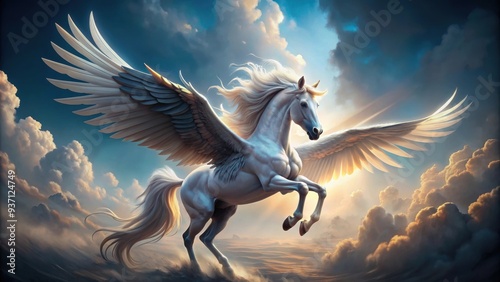 Majestic mythical creature with wings and horse body , Pegasus, horse, wings, Greek mythology, flying, elegant, powerful