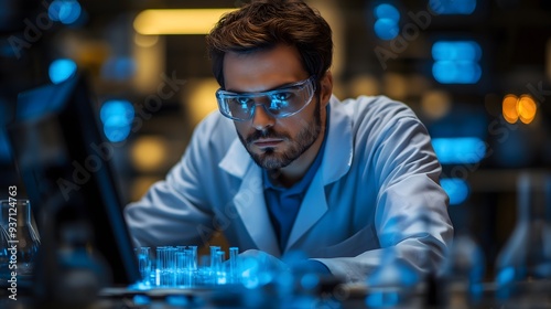 Focused scientist conducting research in high-tech laboratory, lab technician analyzing data on computer, for science and technology marketing materials, articles and blogs
