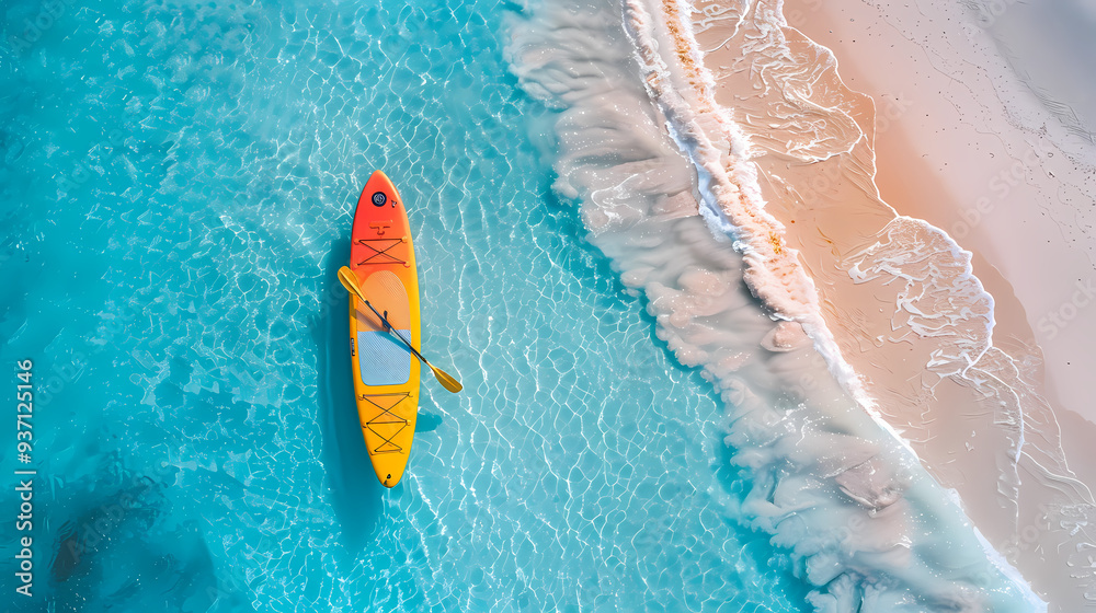 Fototapeta premium An orange and blue paddleboard on the beach, a bird's eye view, high definition photography, clean white sand, clear turquoise sea water, waves lapping at shore edge, and a sense of calmness.