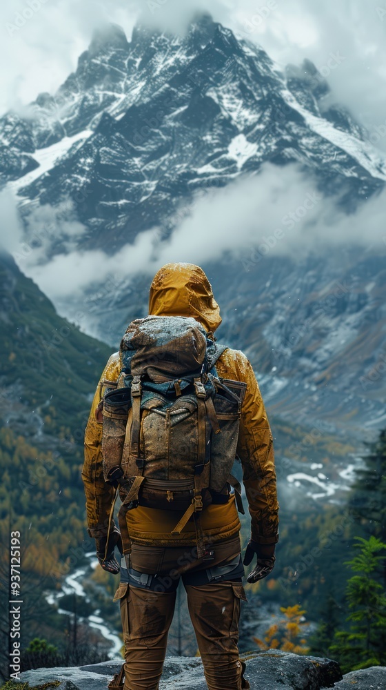 Hiker Gazing at Snowy Mountain Peak in a Misty Landscape Hiker Gazing at Snowy Mountain Peak in a Misty Landscape