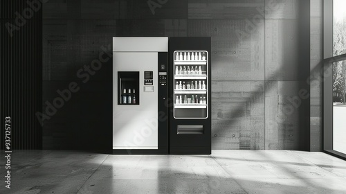 Mockup of a Vending Machine Showing Blank Black and White Snacks and Drinks photo