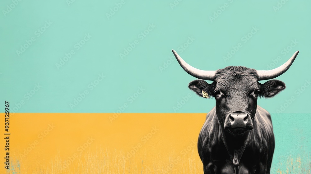 Naklejka premium Close-up portrait of a black bull with horns against a vibrant teal and yellow background.