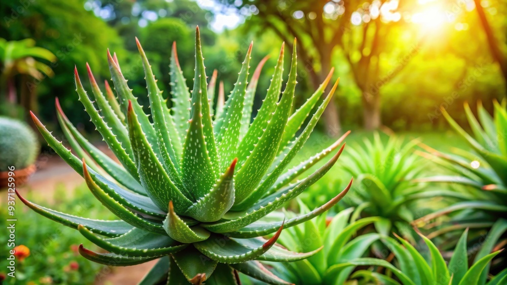 Aloe vera plant thriving in a lush green garden , botanical, succulent, healthy, natural, organic, freshness, green Aloe vera plant thriving in a lush green garden , botanical, succulent, healthy, natural, organic, freshness, green