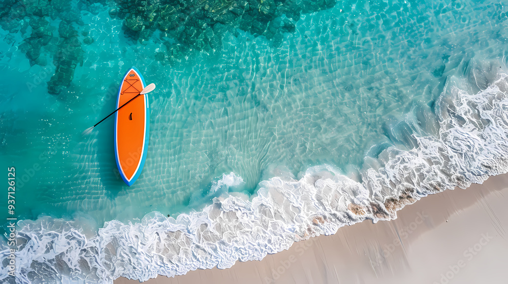 Fototapeta premium An orange and blue paddleboard on the beach, a bird's eye view, high definition photography, clean white sand, clear turquoise sea water, waves lapping at shore edge, and a sense of calmness.