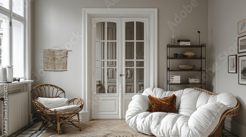 Classic white glass door opening on bohemian wooden living room in boho style 