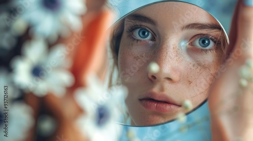 a person examining their appearance in a mirror, reflecting self-care and personal grooming. photo