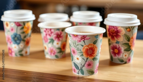 vibrant floral patterned single use coffe cups perfect for takeaway beverages. ideal for cafes and coffe shops lookig to add a touch of color and elegance to their service