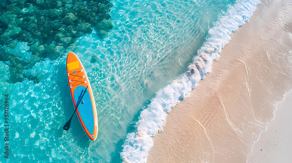 Fototapeta premium An orange and blue paddleboard on the beach, a bird's eye view, high definition photography, clean white sand, clear turquoise sea water, waves lapping at shore edge, and a sense of calmness.