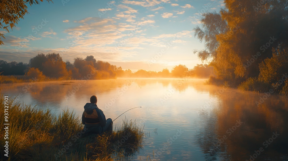 Fall fishing in lake at sunrise, photograph for National fishing day Fall fishing in lake at sunrise, photograph for National fishing day