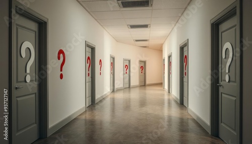 hallway with multipledoors, each marked with a question mark, symbolizing lifes choices and endless possibilities. the image evokes curiosity and the uncertainty of decision making