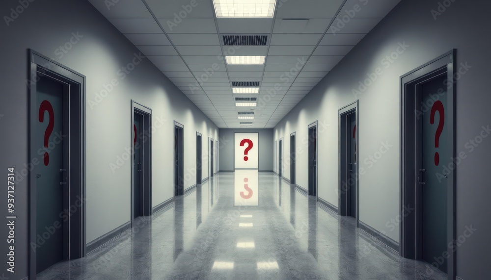 hallway with multipledoors, each marked with a question mark, symbolizing lifes choices and endless possibilities. the image evokes curiosity and the uncertainty of decision making hallway with multipledoors, each marked with a question mark, symbolizing lifes choices and endless possibilities. the image evokes curiosity and the uncertainty of decision making