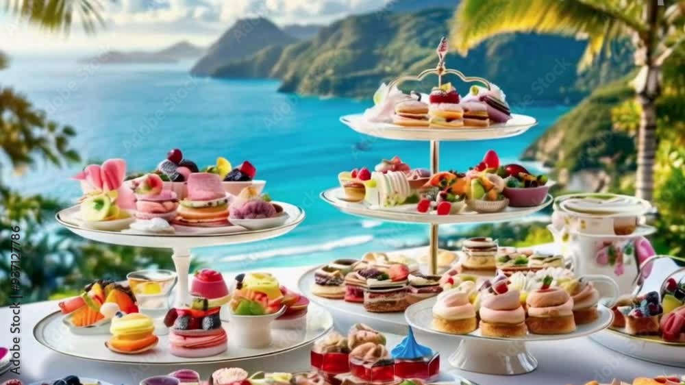 Traditional english high tea stand with selection of sweets, cakes, sandwiches, fruit canapes. Afternoon tea tray set with sweet treats on table. Tropical sea and mountains landscape 