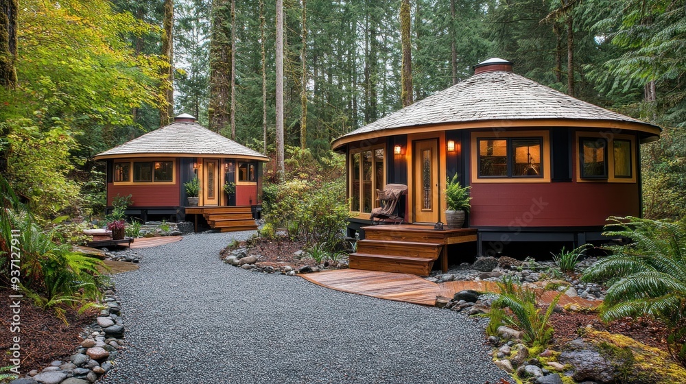 Two round cabins with wooden decks and a pebbled pathway in a forest setting.
