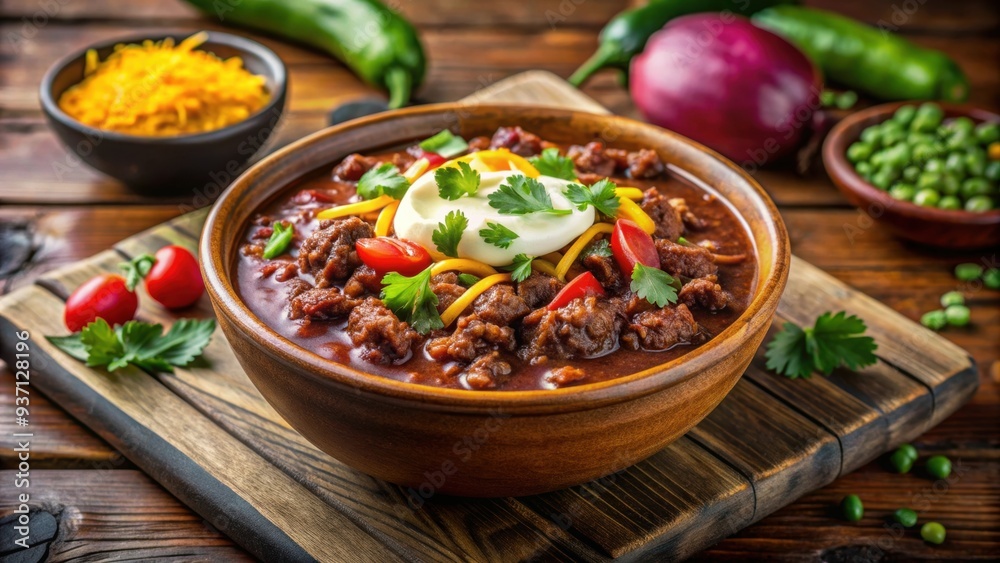 Delicious beef chili in a rustic bowl with toppings, spicy, comfort food, hearty, stew, meaty, savory, beans, tomatoes, peppers Delicious beef chili in a rustic bowl with toppings, spicy, comfort food, hearty, stew, meaty, savory, beans, tomatoes, peppers