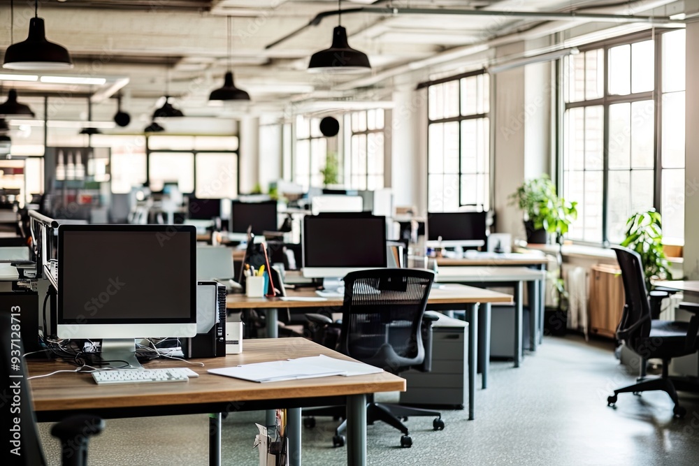Fototapeta premium Corporate office interior with empty computer workstations