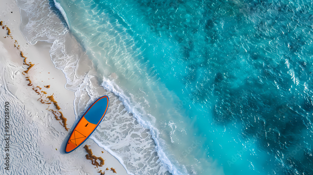 Fototapeta premium An orange and blue paddleboard on the beach, a bird's eye view, high definition photography, clean white sand, clear turquoise sea water, waves lapping at shore edge, and a sense of calmness.